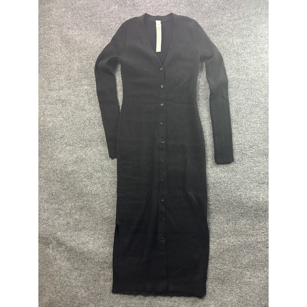 Lululemon Ribbed Cardigan Dress Women XXS Black Merino Wool Knit Button Up Long